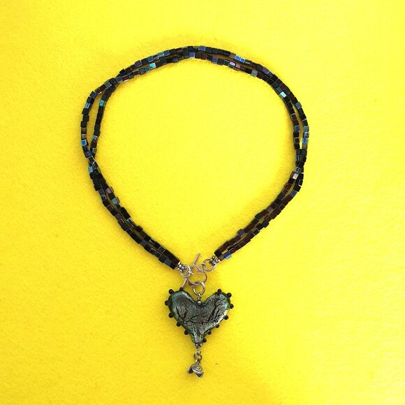 Vintage 925 Silver Handcrafted Art Glass Hematite Boho Heart Statement Necklace - Picture 13 of 14
